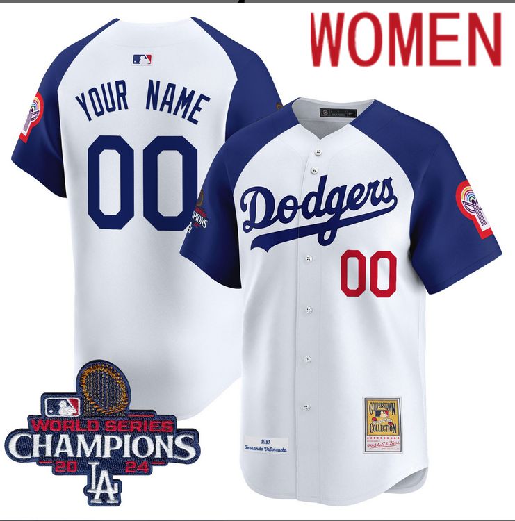 Women MLB Los Angeles Dodgers Custom white 2024 World Series Champions Patch Cooperstown Jersey style 8